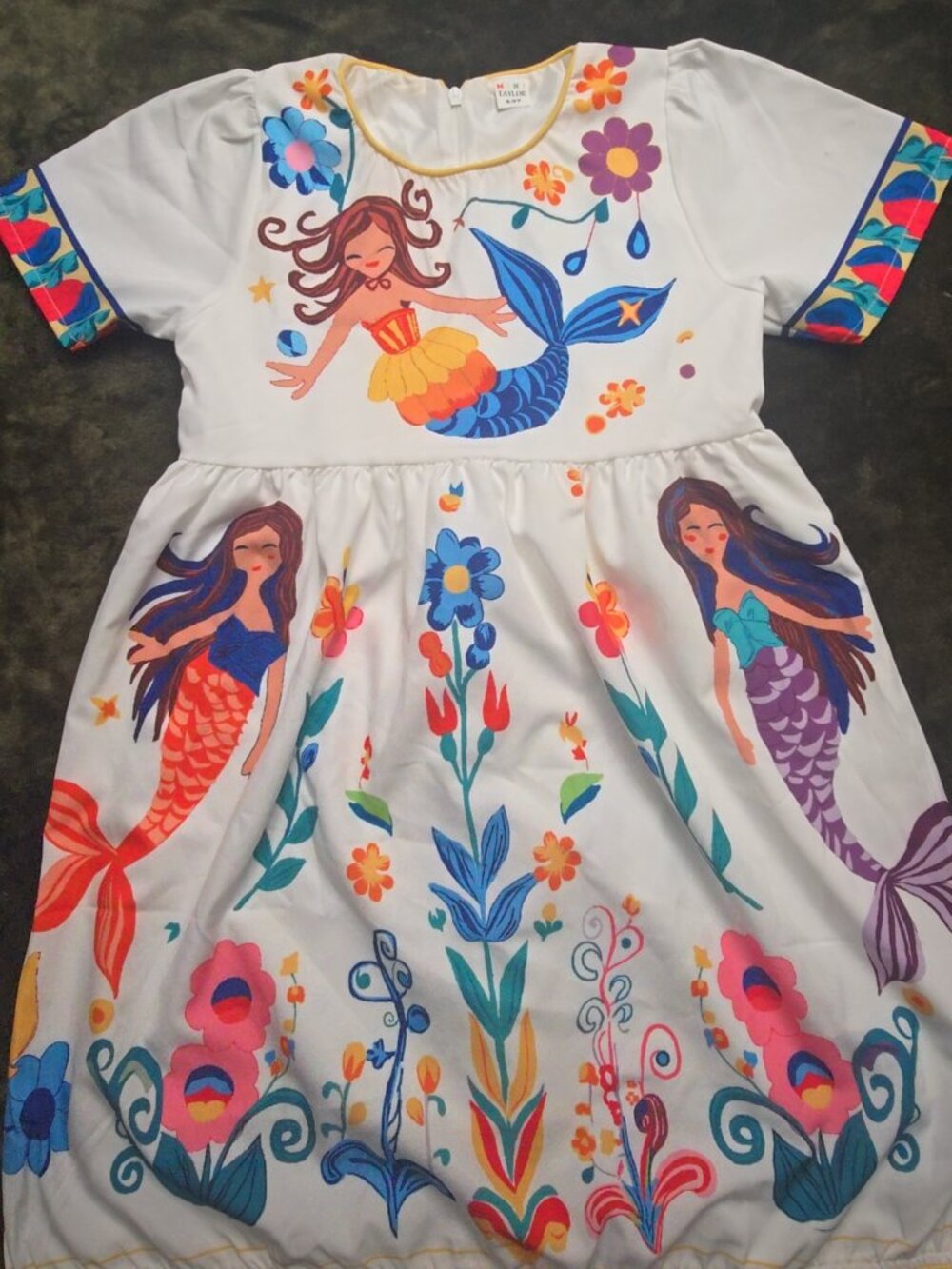 Mini Taylor Girls Mermaid Floral Print Dress Size 8-9Y White Short Sleeve